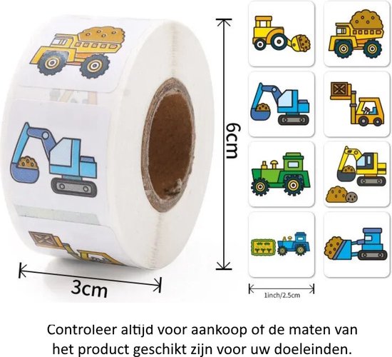 Rouleau de 500 Stickers Véhicules - 2,5 cm de diamètre - Chantier - Pelle - Bulldozer - Camion benne - Camion benne - Pelle - Chariot élévateur - Tracteur - Tracteur - Décoration - Décoration - Anniversaire