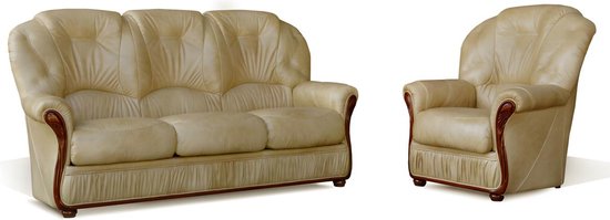 Driezitsbank en fauteuil DAPHNE van 100% buffel leer - beige L 183 cm x H 97 cm x D 91 cm