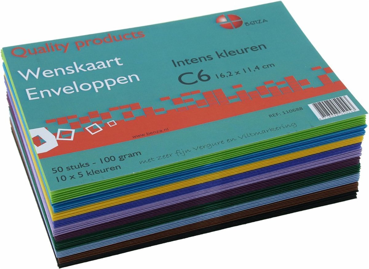 Benza Wenskaart Enveloppen Assorti Intense Kleuren - 16,2 x 11, 4 cm = C6 - 100 stuks