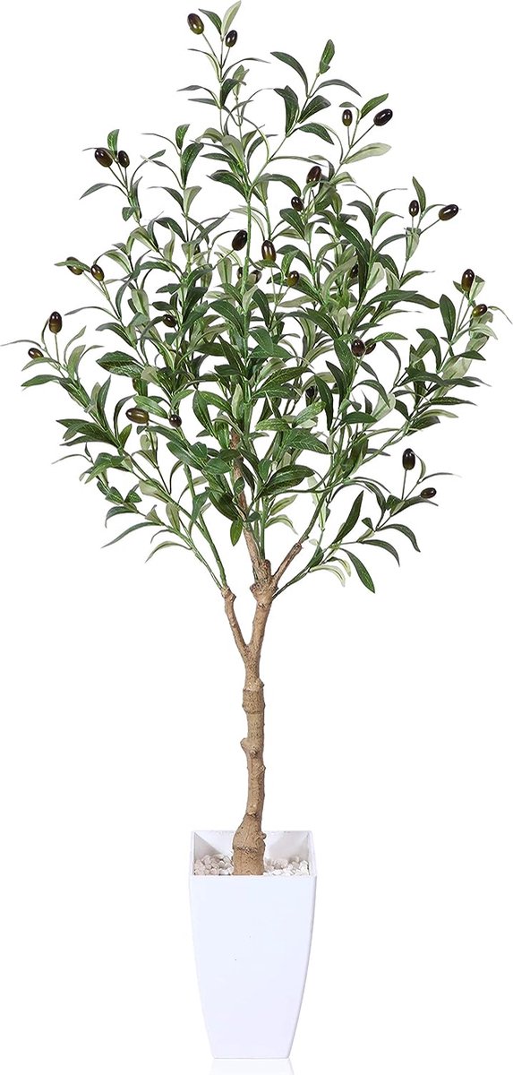 Kunstmatige olijfboom 120 cm grote kunstplant binnen met fruit nep zijde olijfplant in witte pot voor woondecoratie (1 stuk)