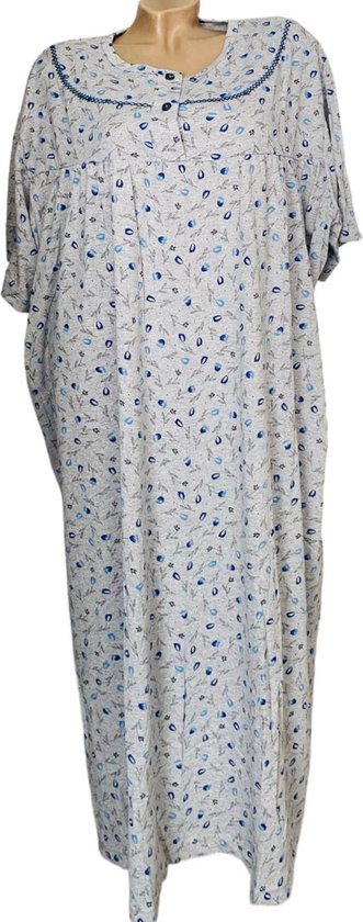 Dames Katoenen Nachthemd 120CM Grote Maten 2604 Bloemenprint 5XL (50-52) grijs/blauw