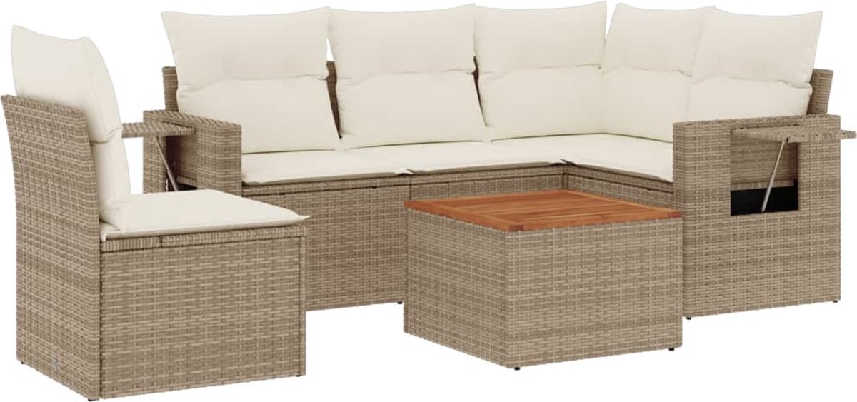 vidaXL 6-delige - Loungeset - met - kussens - poly - rattan - beige