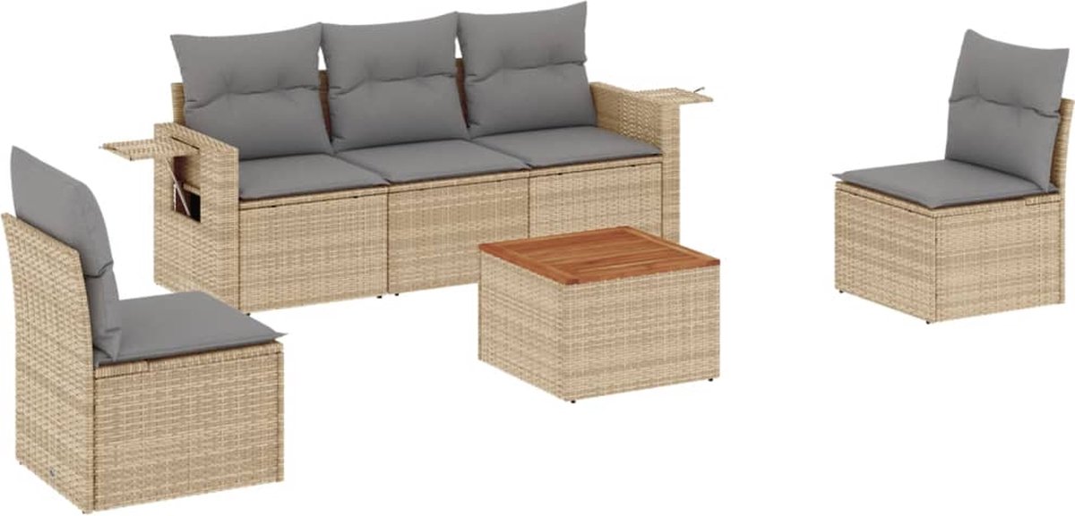 vidaXL 6-delige - Loungeset - met - kussens - poly - rattan - beige