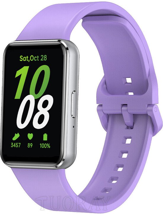Un bracelet de montre violet en silicone avec boucle, adapté à une montre connectée.