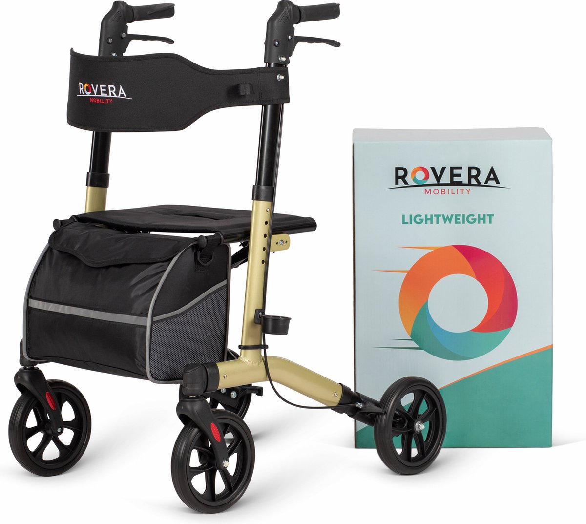 Goedkoopste Rovera Mobility® Easy Lichtgewicht Rollator - Lichtgewicht en Opvouwbaar - Kwaliteitsrollator - Incl. Luxe, Stijlvolle Rollatortas en Brede Gewatteerde Rugsteun en Zitting - Binnen en Buiten - Elegant Champagne