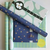 Luxe Groen/Blauw Cadeaupapier Rollen met Cadeaustickers - 18-delige inpakset - Dubbelzijdig bedrukt - 30x200cm - Verjaardag, groen, blauw inpakpapier