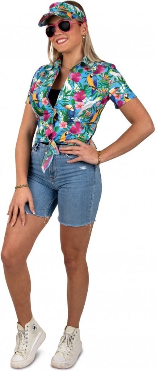 Hawaii Blouse Met Zonneklep Papegaaien Blauw - Maat 44/46