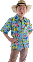 Funny Fashion - Hawaii & Carribean & Tropisch Kostuum - Als Een Vis In Het Water Hawaii Shirt Jongen - Blauw - Maat 164 - Carnavalskleding - Verkleedkleding