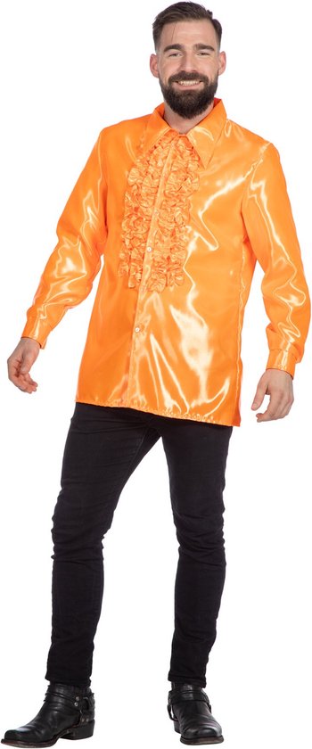 Jaren 80 & 90 Kostuum | Oranje Ruchesblouse Satijn Foute Disco | Maat 58 | Carnaval kostuum | Verkleedkleding