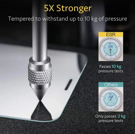 5x sterker tempered glass screenprotector doorstaat 10 kg druktest, vergeleken met 2 kg voor anderen.