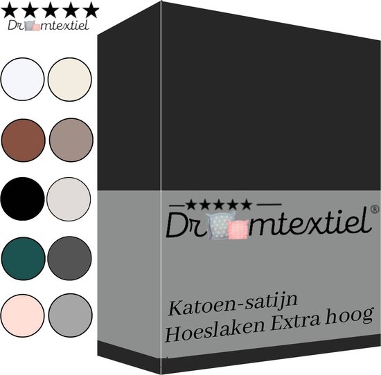 Droomtextiel Katoen Satijnen Hoeslaken Zwart 140x200 cm - Hoogwaardige Kwaliteit - Perfecte Pasvorm - Super Zacht - Hoge Hoek