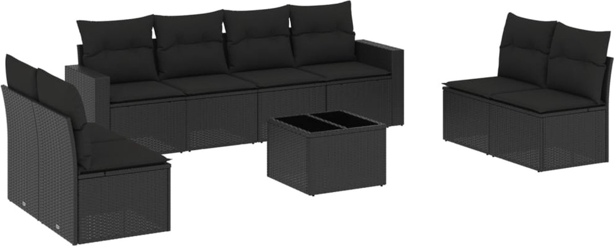 vidaXL 9-delige - Loungeset - met - kussens - poly - rattan - zwart
