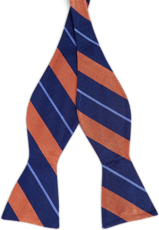 Trendhim Marineblauwe zijden zelfbinder vlinderdas met oranje en pastelblauwe strepen voor heren