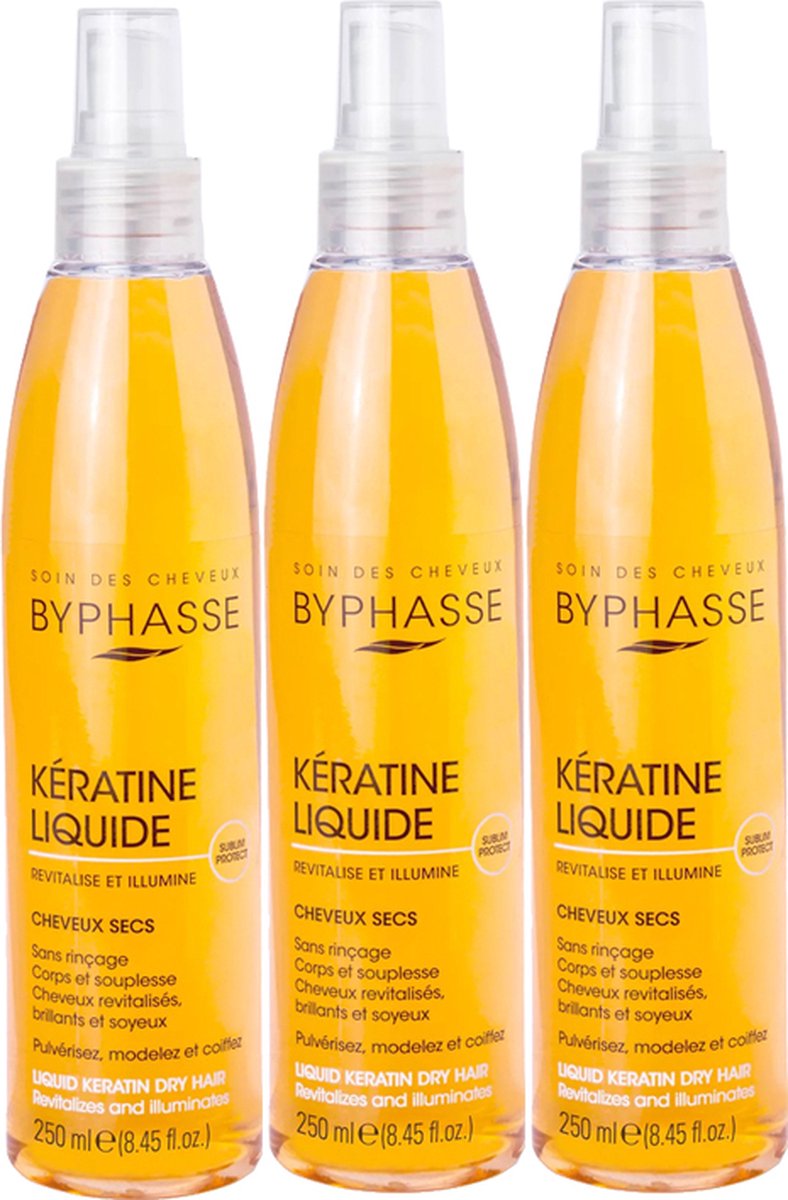 Byphasse Keratine Haarserum - Bescherming Voor Droog Haar - Spray - Glanzend & Zijdezacht Haar - VOORDEELVERPAKKING 3 x 250ml