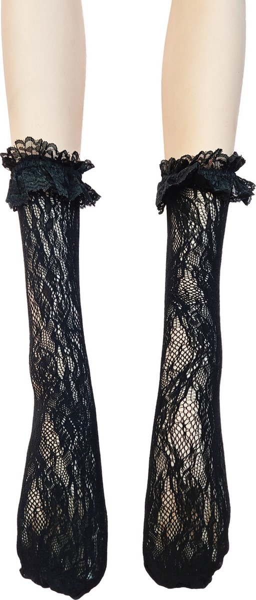BamBella® korte gaas Sokken gaten panty stof met rushes - Onesize kant zwart net - kousen