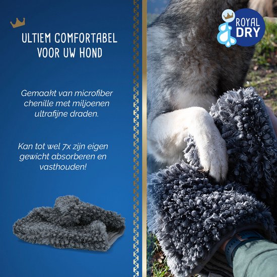 Een hond krijgt zijn poten gedroogd met een grijze, pluizige microvezel handdoek. Tekst: 'Ultiem comfortabel voor uw hond'.