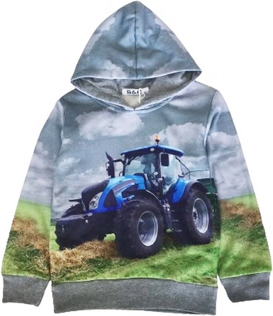 Kinder Sweater Hoodie trui met tractor full color print | Kleur grijs | maat 110/116 | capuchon | trekker | Supermooi!