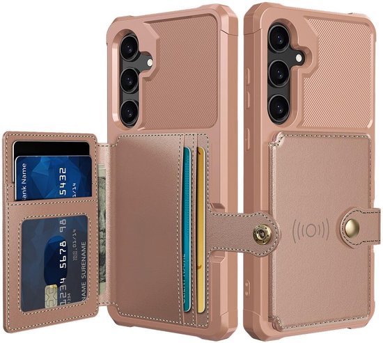 Foto: Portemonnee hoesje geschikt voor samsung galaxy a55 back cover met pasjeshouder telefoonhoesje voor pinpas kaarthouder op achterkant case met magneet voor auto houder roze