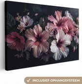 Canvas schilderij 60x40 cm - Wanddecoratie Bloemen - Hibiscus - Roze - Modern - Muurdecoratie accessoires - Keuken decoratie muur - Schilderijen op canvas