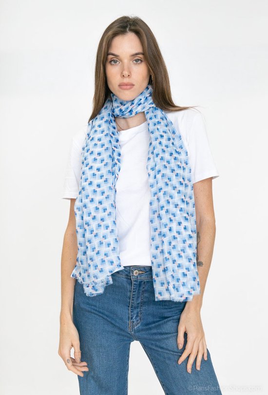 Lange dames sjaal Sien fantasiemotief geblokt motief blauw wit roze lichtblauw koningsblauw