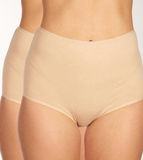 Twee nude damesmaxi-slips van biologisch katoen, van voren gezien.
