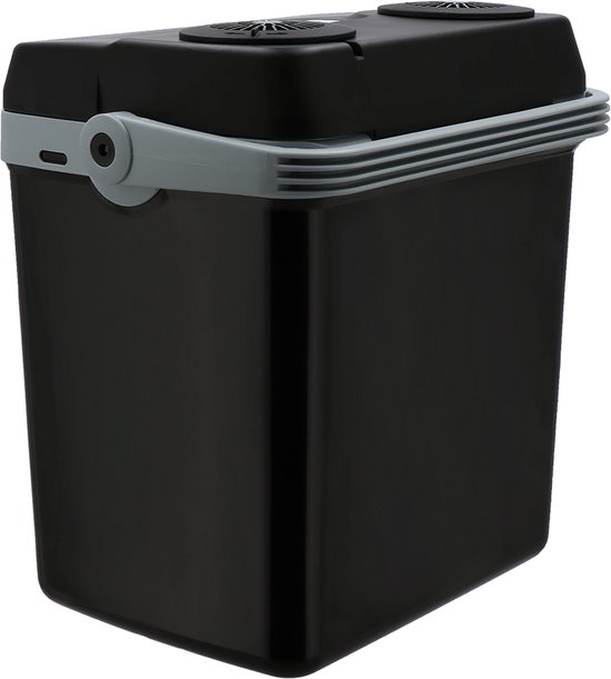 Schuine weergave van een zwarte Travellife koelbox met grijze band.