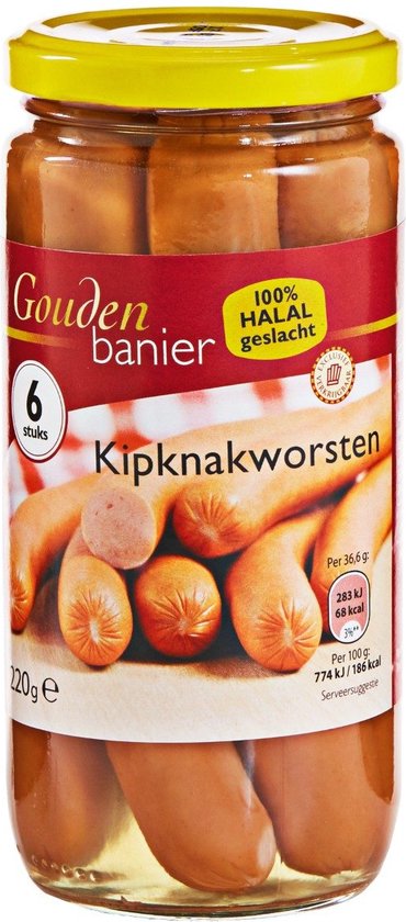 Gouden Banier Kipknakworsten in pot, 6 stuks, 100% Halal geslacht.