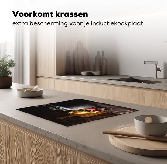 KitchenYeah® Inductie beschermer 59x51 cm - Rustiek - Stilleven - Pan - Groente - Kookplaataccessoires - Afdekplaat voor kookplaat - Inductiebeschermer - Inductiemat - Inductieplaat mat