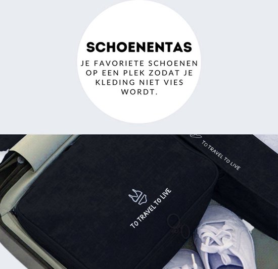 Een zwarte schoenentas met witte opdruk 'TO TRAVEL TO LIVE' en een schoenensymbool, met een deel van een koffer erbij.