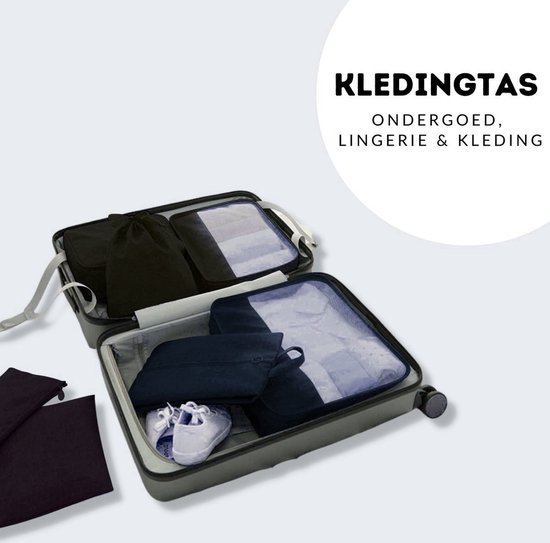 Een open koffer met zwarte packing cubes, waaronder een voor schoenen, met een witte cirkel en tekst KLEDINGTAS.