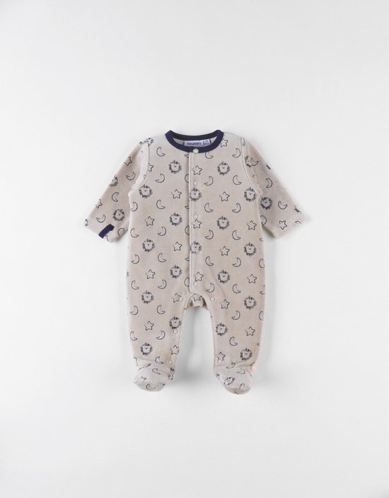 Pyjama 1 pièce à imprimé lion en velours, beige/bleu