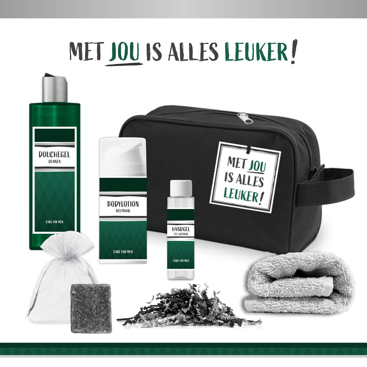Goedkoopste Geschenkset Met jou is alles leuker! - 6 Producten - 480 Gram | Toilettes zwart - Giftset voor hem - Cadeau man - Cadeautje Verjaardag - Wellness Pakket - Douchegel Dennen - Cadeaupakket - Vaderdag Vader - Opa - Broer - Vriend - Collega - Groen