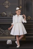 luxe feestjurk met jas, haardiadeem en handtas -moderne jurk voor meisjes-galajurk-vintage jurk-bruiloft-communie-fotoshoot-wit katoen- 11-12 jaar maat 152