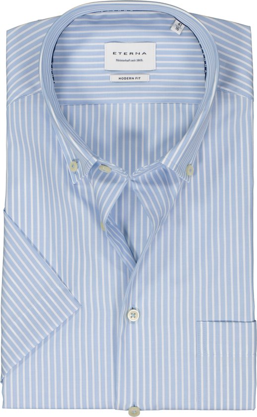 ETERNA modern fit overhemd korte mouw - popeline - lichtblauw gestreept - Strijkvrij - Boordmaat: 44