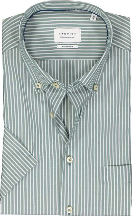 ETERNA modern fit overhemd korte mouw - popeline - groen gestreept - Strijkvrij - Boordmaat: 40