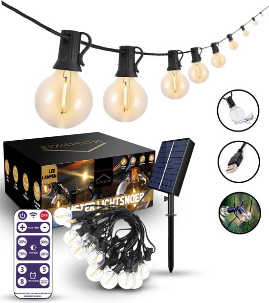 Cordon lumineux solaire Homezie - Avec télécommande - 10 mètres - 20 ampoules LED - Eclairage jardin - Câble piquant - Guirlande lumineuse