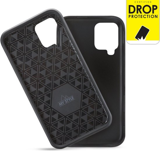 Coque de téléphone noire avec intérieur à motif triangulaire et autocollant "Certified Drop Protection".