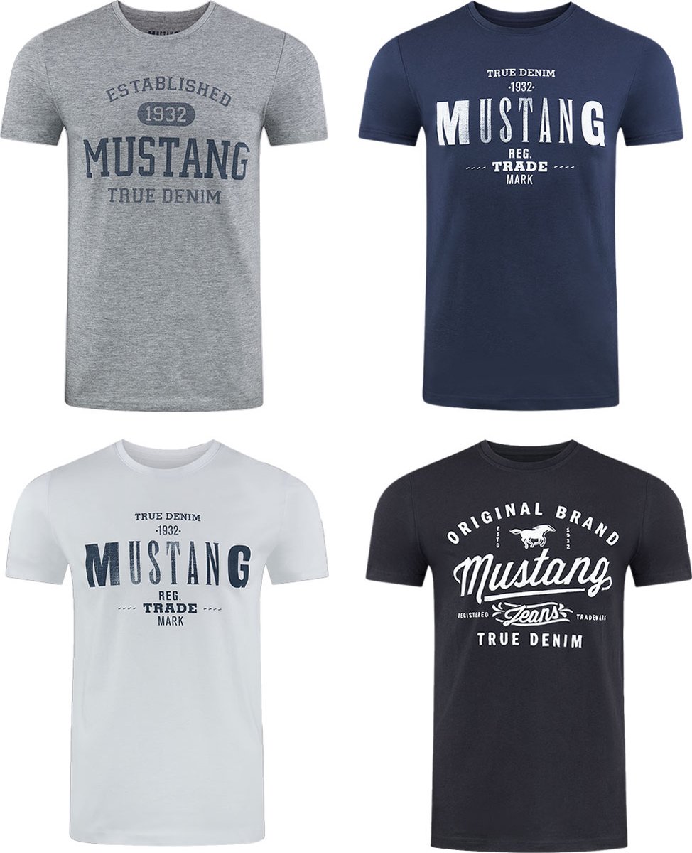 Mustang Heren T-Shirt 4-pack Mustang heren-T-shirt regular fit Veelkleurig 5XL Ronde Hals Volwassenen Opdruk Print Shirts