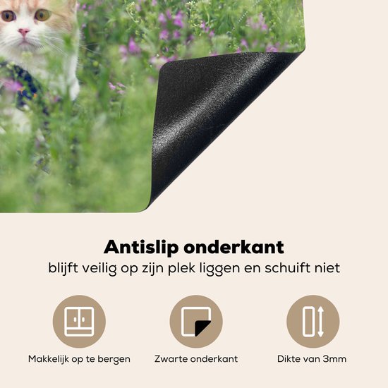 KitchenYeah® Inductie beschermer 81.6x52.7 cm - Kat - Bloemen - Lente - Kookplaataccessoires - Afdekplaat voor kookplaat - Inductiebeschermer - Inductiemat - Inductieplaat mat