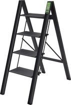 Inklapbare opstapkruk - aluminium ladder met 4 treden en brede anti-slip voetstuk. Draagbaar, licht en stabiel met 150 kg draagvermogen. Ideaal voor thuis, kantoor en keuken zwart