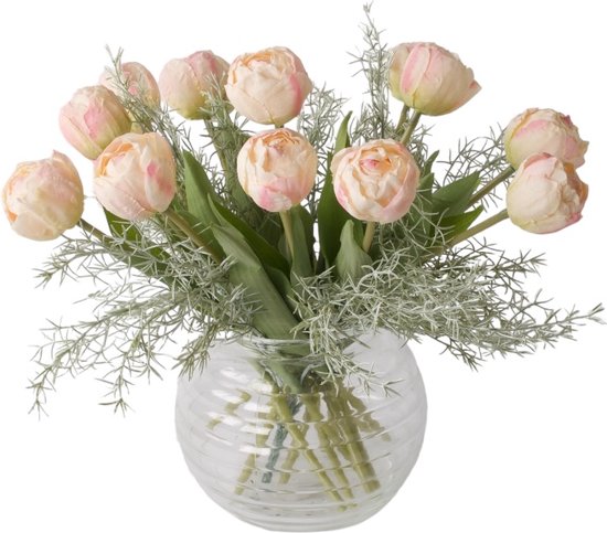 WinQ- Roze Tulpen met groen- Boeket kunst Tulpen 42cm - 14 tulpen - Kunstbloemen - zijden bloemen - exclusief glasvaas