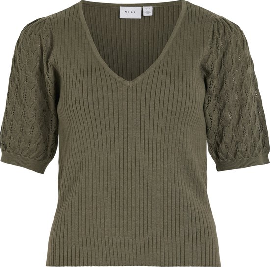 Vila T-shirt Viripa col V 2/4 tricot pointelle à 14093561 Dusty Olive taille femme - L