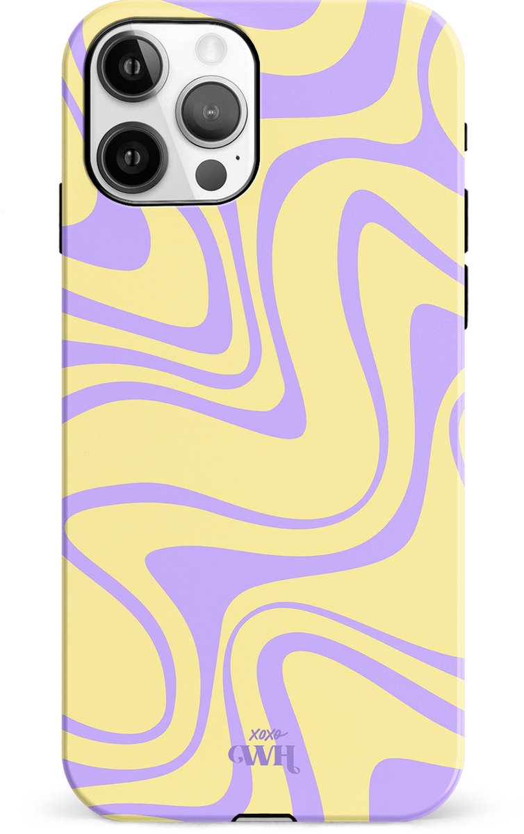 xoxo Wildhearts Sunny Side Up - Double Layer - Hard hoesje geschikt voor iPhone 12 Pro case - Siliconen hoesje iPhone met golven print - Cover geschikt voor iPhone 12 Pro beschermhoesje - geel / paars