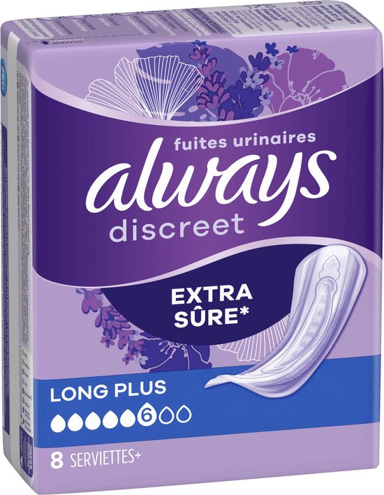 Verpakking Always Discreet Long Plus, Extra Sûr, 8 servetten.