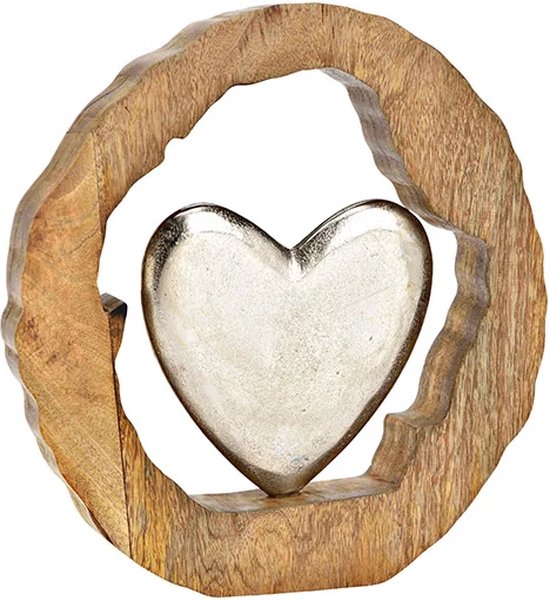Valentijn - Liefde - Love - Zilvermetalen hart in een bewerkte cirkel van mangohout