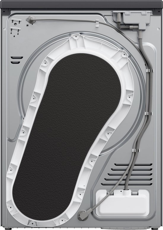 Achterkant van een grijze warmtepompdroger met witte en zwarte details.