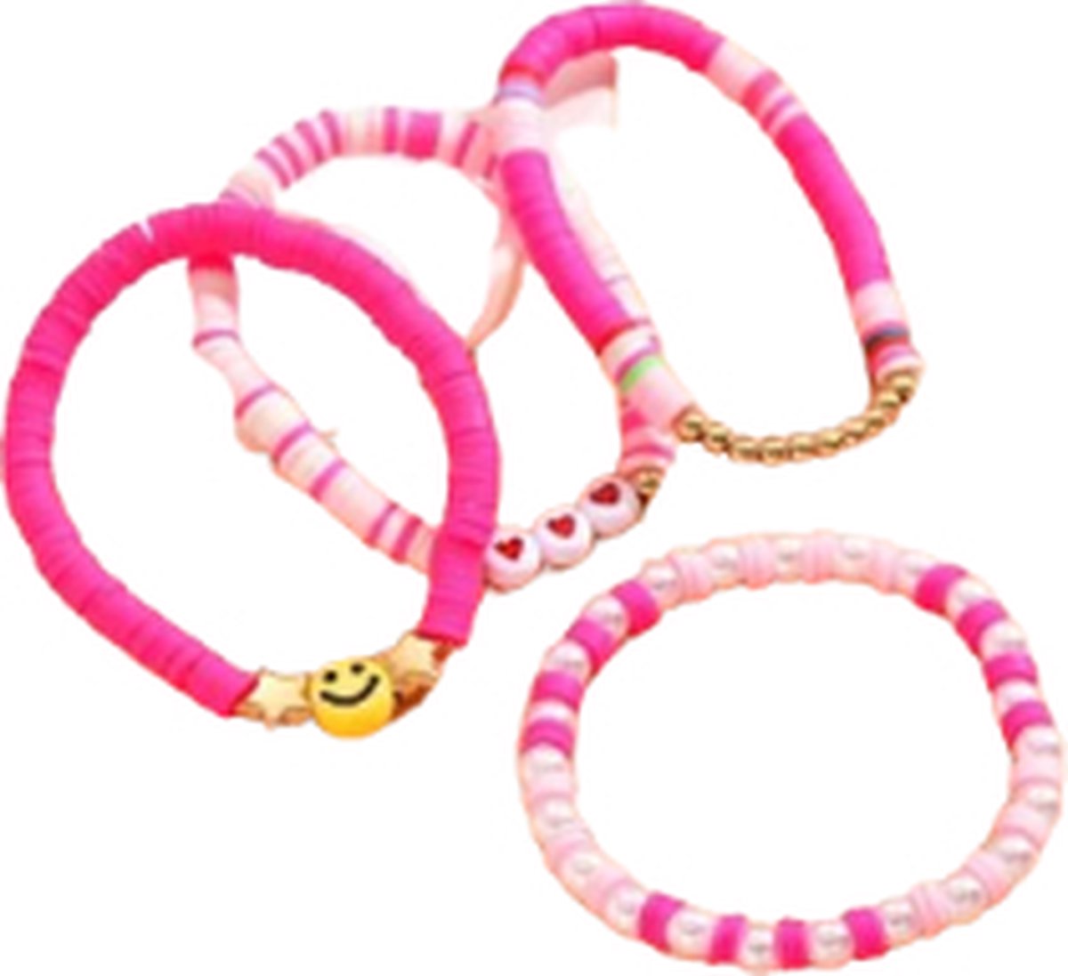 Smiley armbanden set -armbandenset roze - 4 armbanden smiley roze/wit - vrolijke armbandenset