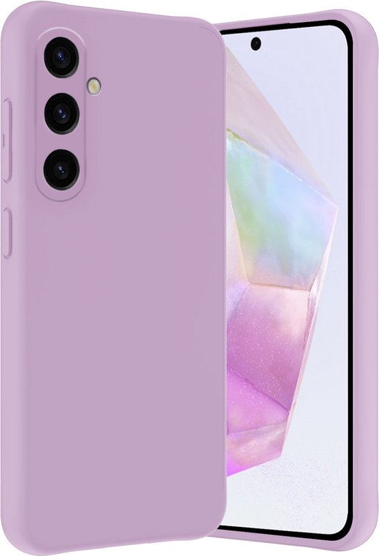 Coque de téléphone en silicone lilas à côté d'un téléphone.