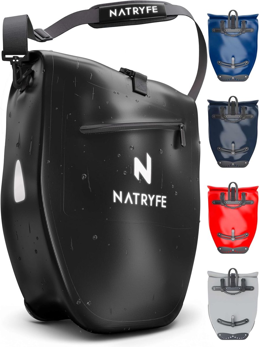 Fietstas voor bagagedrager, 28 liter volume, 100% waterdicht en robuust, met reflectoren en schouderriem, stevige grip op elke bagagedrager, ideale bagagedragertas
