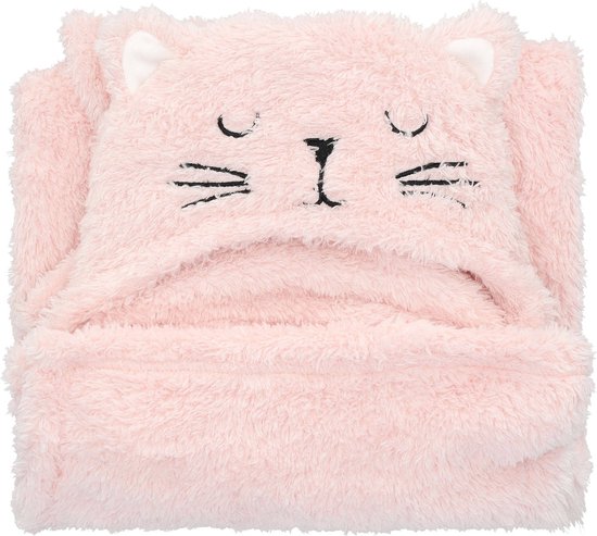 Roze kinderplaid met kattengezicht en oortjes.